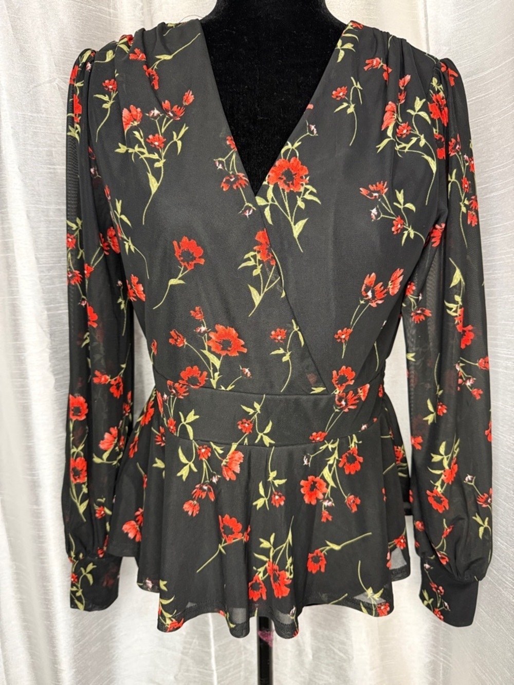 Ember Floral Peplum Blouse Lined Faux Wrap Career Office Party Women’s M